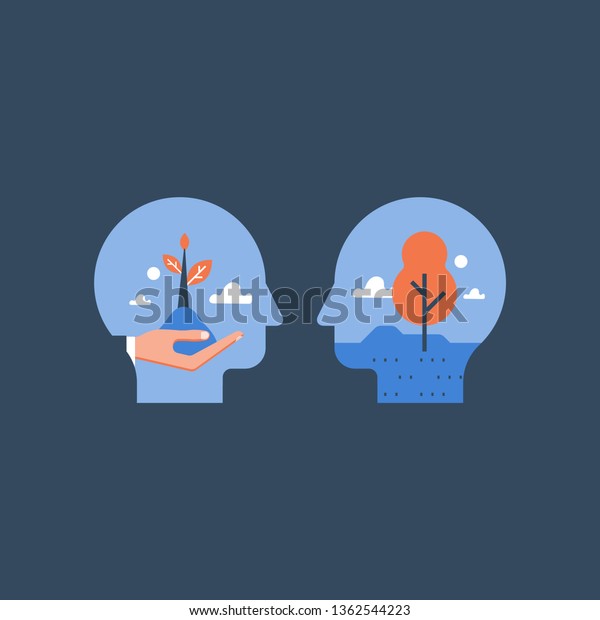 Self growth, potential development,\
motivation and aspiration, mental health care, positive mindset,\
psychotherapy and analysis, pursuit of happiness, hand holding\
steam, vector\
illustration
