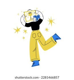 Self Growth with Woman Character Hanging Award on Wall Engaged in Personal Development and Improvement Vector Illustration