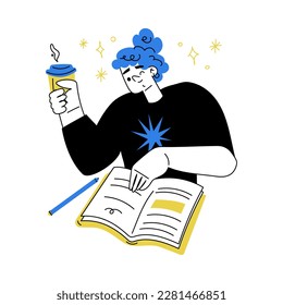 Self Growth with Woman Character Study with Book and Coffee Engaged in Personal Development and Improvement Vector Illustration