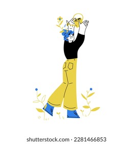 Self Growth with Woman Character Watering Herself with Can Engaged in Personal Development and Improvement Vector Illustration