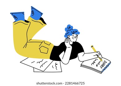 Self Growth with Woman Character Writing Daily Diary Engaged in Personal Development and Improvement Vector Illustration