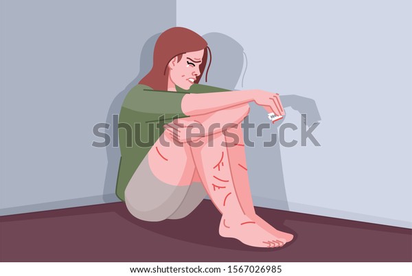 Self harm addiction flat vector illustration.\
Self mutilation psychological disorder. Woman with obsessive\
syndrome. Depressed girl crying and cutting skin with razor blade\
cartoon character