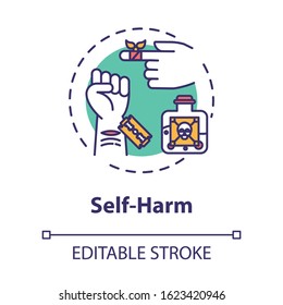 Self Harm Concept Icon. Masochism. Self-injury And Substance Abuse. Personality Disorder. Mental Illness Idea Thin Line Illustration. Vector Isolated Outline RGB Color Drawing. Editable Stroke