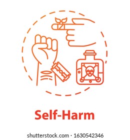 Self Harm Concept Icon. Masochism. Self-injury And Substance Abuse. Personality Disorder. Mental Illness Idea Thin Line Illustration. Vector Isolated Outline RGB Color Drawing