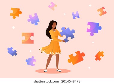 Self healing concept. Woman collects the pieces of a puzzle. Metaphor of psychological recovery and harmony with oneself. Cartoon modern flat vector illustration isolated on a white background