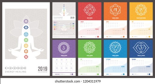 Self healing, meditation and chakras calendar 2019 with yoga poses and mantras