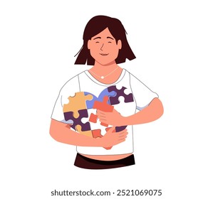 Autocuración, recuperación de Ilustración vectorial plana. Mujer montando su propio personaje de dibujos animados. Chica sintiéndose incompleta, buscando piezas de rompecabezas que encajen. Rehabilitación mental, concepto de psicoterapia.