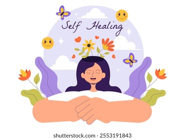 Self Healing Vector Illustration featuring a Woman Meditating and Restoring Mental Health and Inner Harmony through Yoga in a Flat Style Background