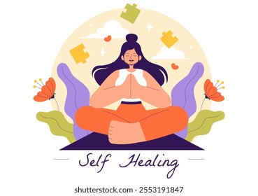Self Healing Vector Illustration featuring a Woman Meditating and Restoring Mental Health and Inner Harmony through Yoga in a Flat Style Background