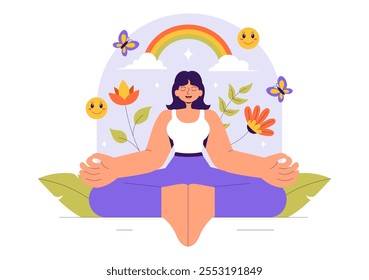 Ilustração de vetor auto cura com uma mulher meditando e restaurando a saúde mental e harmonia interna através de Yoga em um plano de fundo estilo