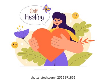 Self Healing Vector Illustration featuring a Woman Meditating and Restoring Mental Health and Inner Harmony through Yoga in a Flat Style Background