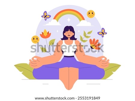 Self Healing Vector Illustration featuring a Woman Meditating and Restoring Mental Health and Inner Harmony through Yoga in a Flat Style Background