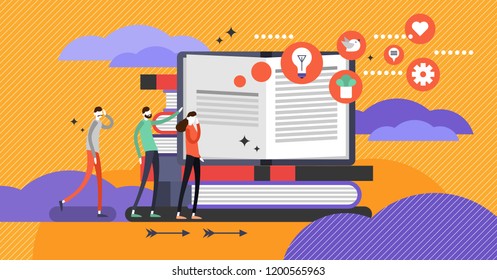 Self help book concept, flat vector illustration with open book and persons going after knowledge to improve and rediscover mind without borders. Personal growth and life mastery. Revealing new ideas