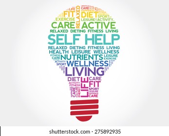 Self Help bulb word cloud, health concept