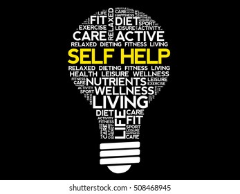 Self Help bulb word cloud collage, health concept background