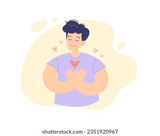 Concepto de autoayuda. Joven hombre positivo con la mano en el pecho con corazón, gratitud y paz. Ilustración vectorial en estilo sencillo