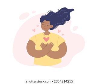 Self help concept. Young positive african american woman with her hand on the chest, gratitude and peace. Vector illustration in minimalist style