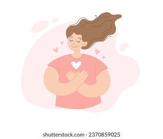 Concepto de autoayuda. Joven mujer positiva con la mano en el pecho con corazón, gratitud y paz. Ilustración vectorial en estilo sencillo