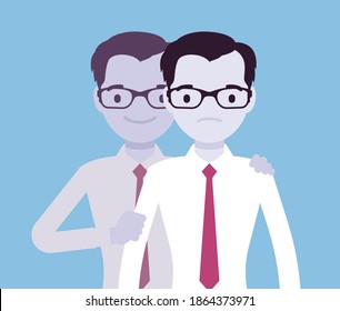 Self help man, health, psychological problems solving. Young man in bipolar or mental disorder, shifting himself to good mood, energy, happiness, life activity. Vector creative stylized illustration