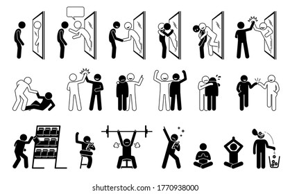 Self Help Metaphor In Stick Figure Pictogram Icons. Vector Illustration Concept Of A Person Helping Himself By Reading Self Help Book. The Person In The Mirror Reflection Come Out And Give Confident.