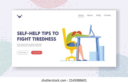 Self Help Tips to Fight Tiredness Landing Page Template. Exhausted Office Worker Professional Burnout, Overwork Symptom Concept. Tired Businesswoman Sleeping on Desk. Cartoon Vector Illustration