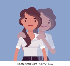 Self help woman, health and psychological problems solving. Young girl in bipolar or mental disorder, shifting herself to good mood, energy, happiness, activity. Vector flat style cartoon illustration