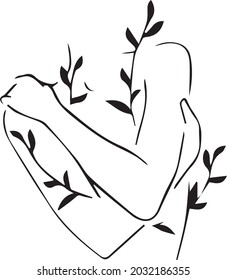 Self Hug floral simple minimalistic tattoo. A girl hugging herself in a linear style. The concept of self-love hand drown vector illustration. 