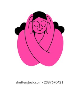 Self hug, self love and self care. Woman hugging herself. Vector pink character on white background