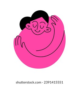 Self hug, self love and self care. Woman hugging herself. Vector pink character on white background