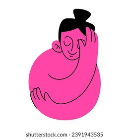 Self hug, self love and self care. Woman hugging herself. Vector pink character on white background