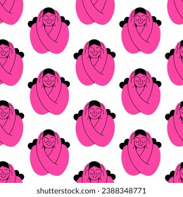 Self hug pattern. Self-love and self-care. Woman hugging herself. Vector pattern on white background