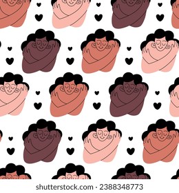 Self hug pattern. Self-love and self-care. Woman hugging herself. Vector pattern on white background