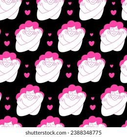 Self hug pattern. Self-love and self-care. Woman hugging herself. Vector pattern on black background