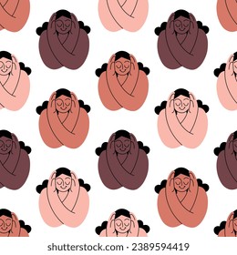 Self hug pattern. Self-love and self-care. Woman hugging herself. Vector pattern on white background