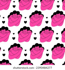 Self hug pattern. Self-love and self-care. Woman hugging herself. Vector pattern on white background