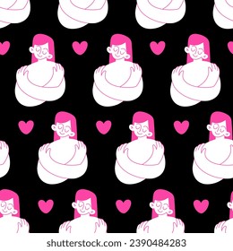 Self hug pattern. Self-love and self-care. Woman hugging herself. Vector pattern on black background