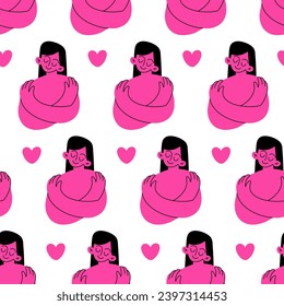 Self hug pattern. Self-love and self-care. Woman hugging herself. Vector pattern on white background