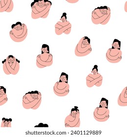 Self hug pattern. Self-love and self-care. Woman hugging herself. Vector pattern on white background