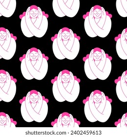 Self hug pattern. Self-love and self-care. Woman hugging herself. Vector pattern on black background
