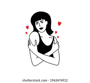 Autoabrazarse, amar, cuidarse a uno mismo, ser positivo para el cuerpo. Joven hermosa mujer sonriendo abrazando hombros. Muchacha linda con el pelo de la paja y el corazón alrededor de ella se abrazó. Ilustración vectorial dibujada a mano aislada