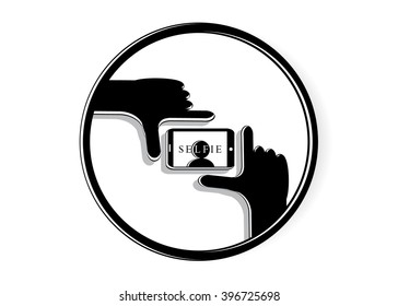self icon. A silhouette of hands, the mobile phone and a portrait with the word of the self