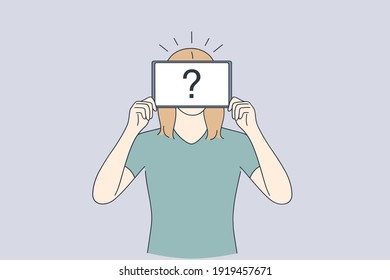 Self identity, Anonymity, uncertainty concept. Unrecognisable woman standing with invisible face and question mark instead of head like mask vector illustration