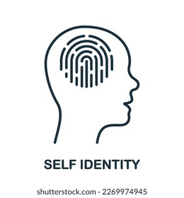 Self Identity Line Icon. Fingerprint in Human Head Linear Pictogram. Identify Thumbprint Outline Sign. Self Identification. Intellectual Process Symbol. Editable Stroke. Isolated Vector Illustration.
