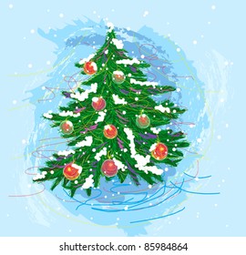 self illustrated christmas tree, created as artistic painterly style, elements are grouped