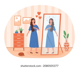 Self image abstract concept. Woman looks at reflection in mirror. Metaphor for positive personality traits, mental development, self love and individual psychology. Cartoon flat vector illustration