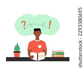 Self improvement, brainstorming, education, studying, reading a book flat vector illustration. Classes, lessons, training courses concept. Young black man reading. Cute illustration of a book lover