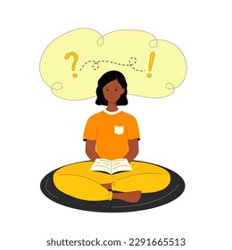 Automejora, lluvia de ideas, educación, estudio, lectura de un libro de ilustración vectorial plana. Clases, lecciones, concepto de cursos de formación. Joven negra leyendo. Cuta ilustración de un amante de los libros