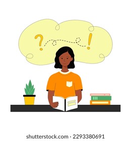 Automejora, lluvia de ideas, educación, estudio, lectura de un libro de ilustración vectorial plana. Clases, lecciones, concepto de cursos de formación. Joven negra leyendo. Cuta ilustración de un amante de los libros