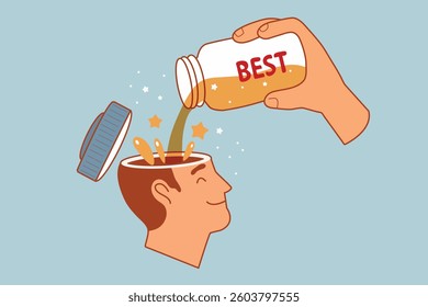 self improvement care concept, hand pouring gold liquid into happy smiling man head. motivation and inspiration illustration, cartoon vector	
