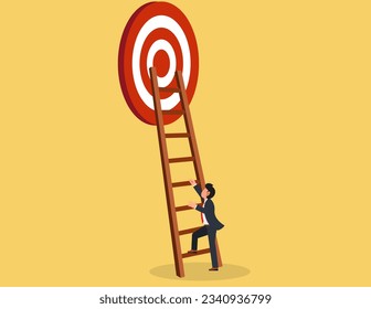 Self improvement and challenge, stairway to success. Businessman begins to climb the stairs to the goal.